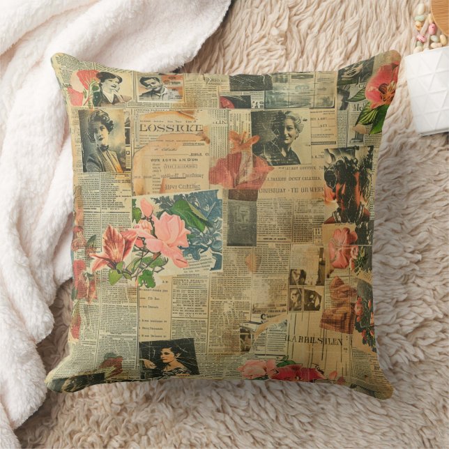 Retro-Porträt-Orchideen-Zeitungs-Botanik-Collage Kissen (Decke)