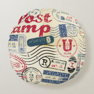 Retro post Briefmarke, Vintage Sammlung. Rundes Kissen