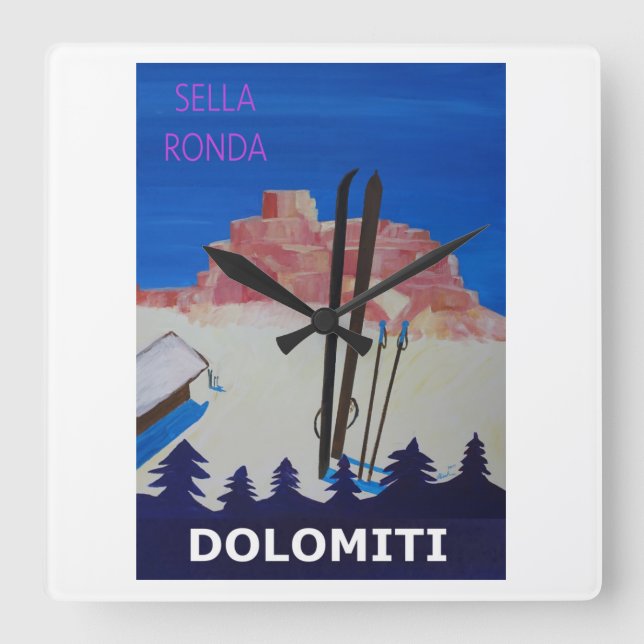 Retro Poster Dolomiti Italien - Sella Ronda Quadratische Wanduhr (Vorderseite)