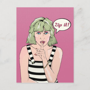 Retro Poster Frau Zip it Postkarte