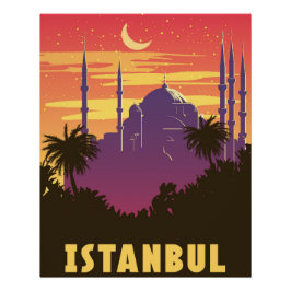 Retro Poster Istanbul, Stadt mit Sonnenuntergang T