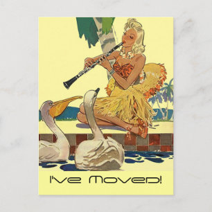 Retro-Postkarte Vintage-Dame am Pool Schwäne Trope Ankündigungspostkarte