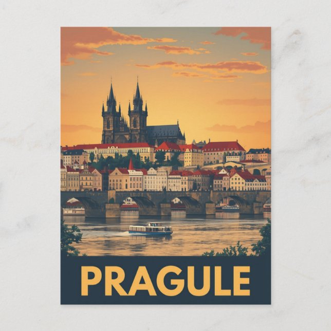 Retro Prague Skyline Postkarte (Vorderseite)