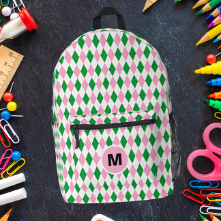Retro Preppy Argyle Rosa und Grüne Monogramm Bedruckter Rucksack