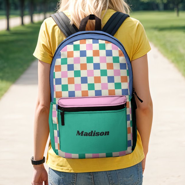 Retro Preppy Colorful Checked Colorblock Bedruckter Rucksack (Von Creator hochgeladen)
