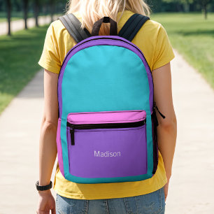 Retro Preppy Lila, Türkis & Pink 90er Farbblock Bedruckter Rucksack