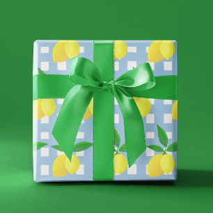 Retro-Preppy-Stil gelbe Zitronen blau-weiß kariert Geschenkpapier