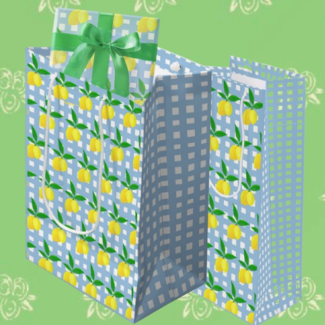 Retro Preppy Style Yellow Lemons Blue White Check Mittlere Geschenktüte (Lemony all occasion gift bags)