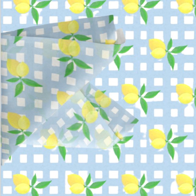 Retro Preppy Style Yellow Lemons Blue White Check Seidenpapier (Sunny lemony tissue paper, for gift wrapping, or découpage!)