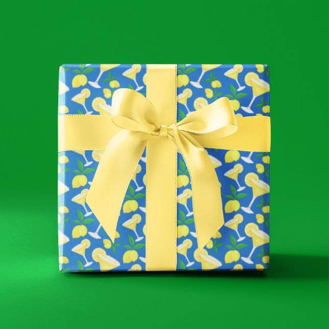 Retro Preppy Yellow Lemons Lemon tropft auf blau Geschenkpapier (For the lemon drop lover in your life!)