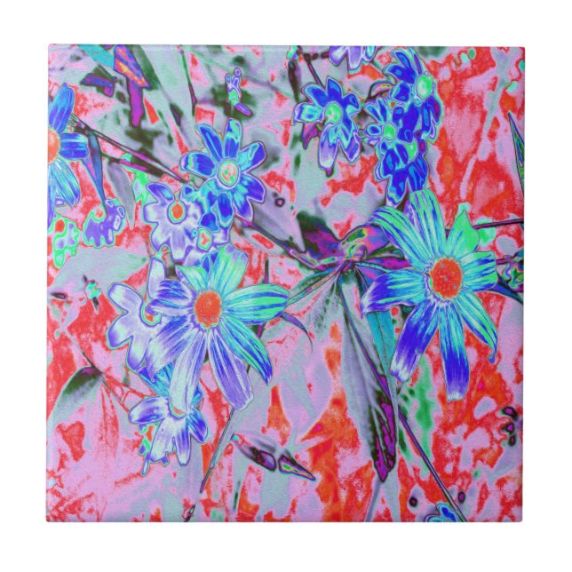 Retro Psychedelic Aqua Green und Orange Blume Fliese (Vorderseite)