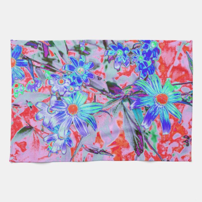 Retro Psychedelic Aqua Green und Orange Blume Geschirrtuch (Horizontal)