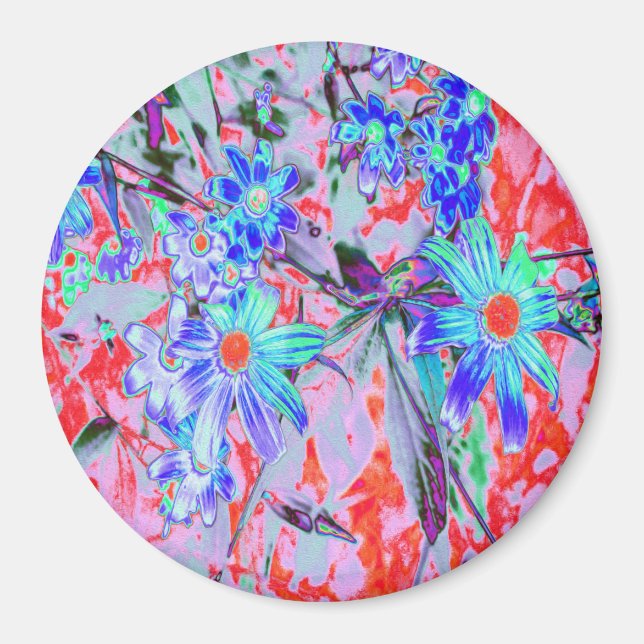 Retro Psychedelic Aqua Green und Orange Blume Magnet (Vorne)