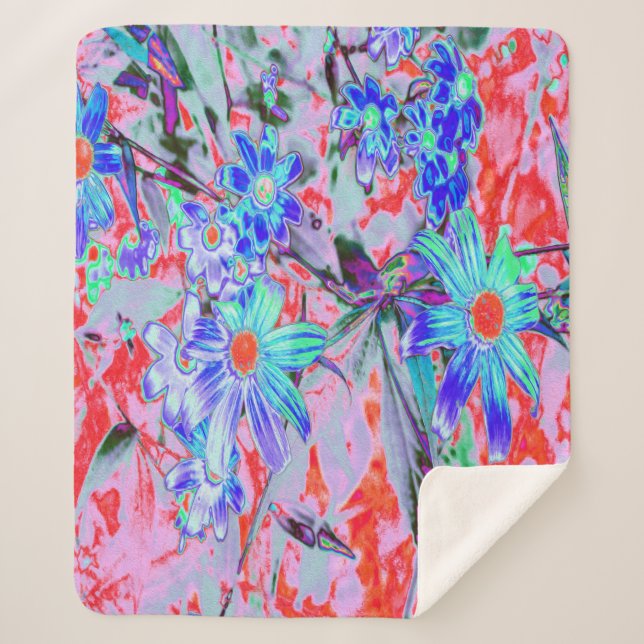 Retro Psychedelic Aqua Green und Orange Blume Sherpadecke (Vorderseite)