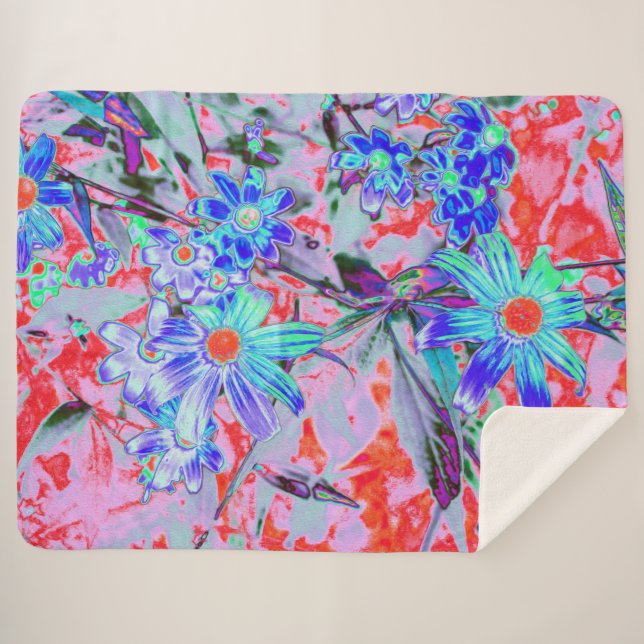 Retro Psychedelic Aqua Green und Orange Blume Sherpadecke (Vorderseite (Horizontal))