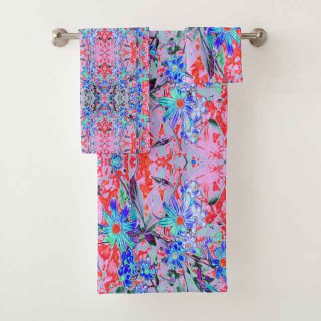 Retro Psychedelic Aqua und Orange Blume Badhandtuch Set (Insitu)