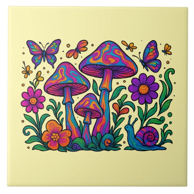 Retro Psychedelic Blume & Pilze Fliese (Vorderseite)
