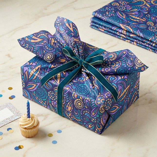 Retro Psychedelic Boho Floral Doodle Pattern Seidenpapier (Von Creator hochgeladen)