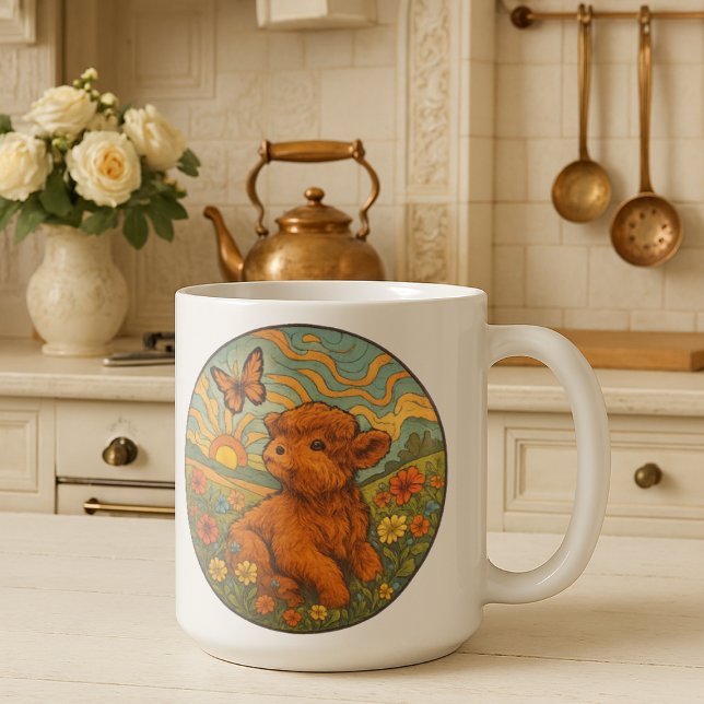 Retro Psychedelic Highland Calf Inspirational Kaffeetasse (Von Creator hochgeladen)
