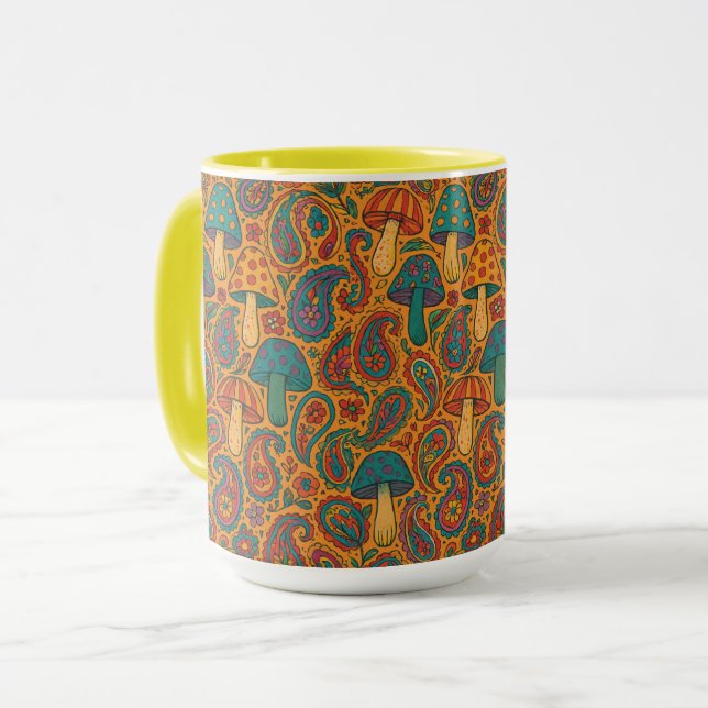 Retro Psychedelic Mushroom & Paisley Pattern Tasse (Vorderseite Links)