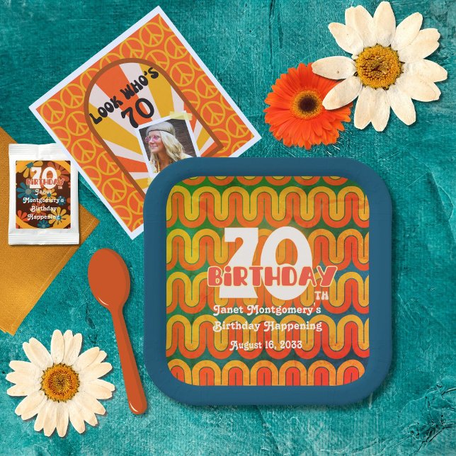 Retro Psychedelic Wave 70. Geburtstag Pappteller (Von Creator hochgeladen)