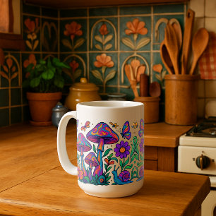 Retro-psychedelische Blumen und Pilze Tasse