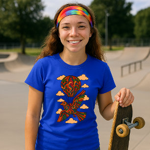 Retro-Psychedelischer Vogel und Heißluftballon T-Shirt