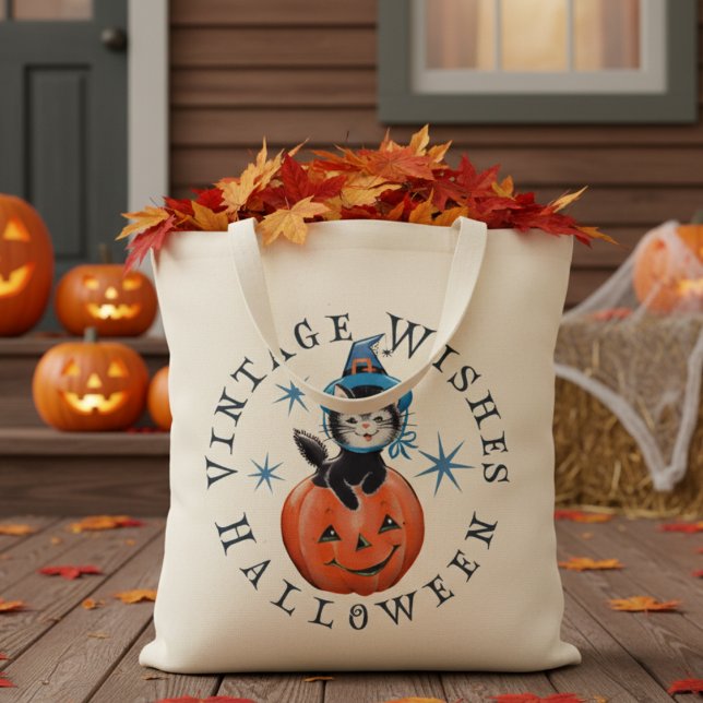 Retro Pumpkin Kitty Vintage Halloween Wünsche Tragetasche (Retro Pumpkin Kitty Vintage Halloween Wishes Tote Bag)