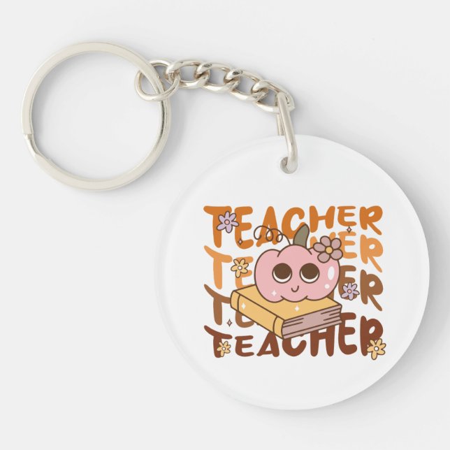 Retro Pumpkin Lehrer Halloween Fall Schlüsselanhänger (Vorderseite)