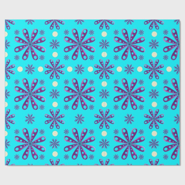 Retro Purple Flowers on Blue Background Geschenkpapier (Flach)