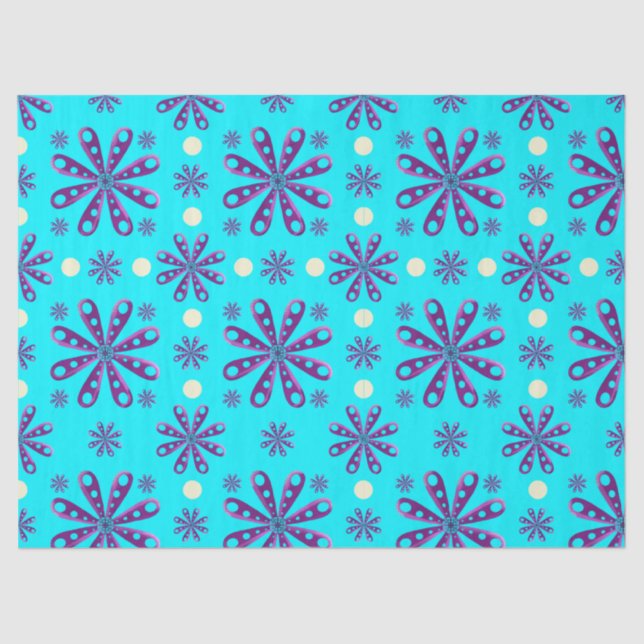 Retro Purple Flowers on Blue Background Seidenpapier (Vorderseite)