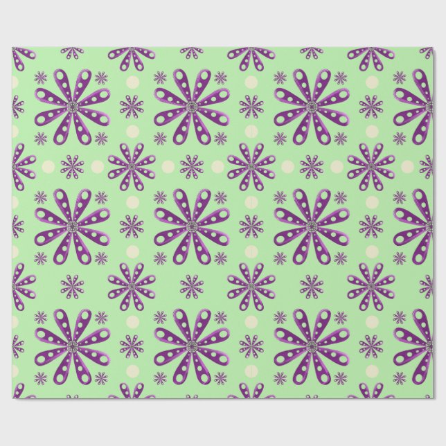 Retro Purple Flowers on Green Background Geschenkpapier (Flach)