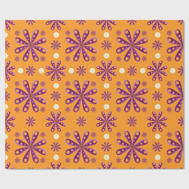 Retro Purple Flowers on Orange Background Geschenkpapier (Flach)