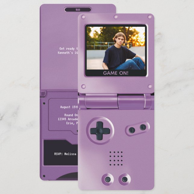 Retro Purple Handheld Gaming II Birthday Einladung (Vorne/Hinten)