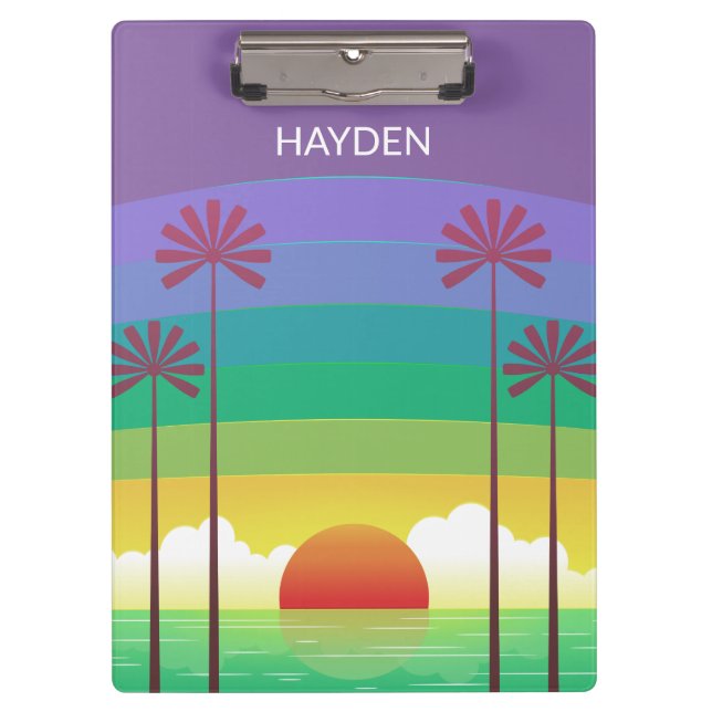 Retro Purple Sunset Palm Trees Art Personalised Klemmbrett (Vorderseite)