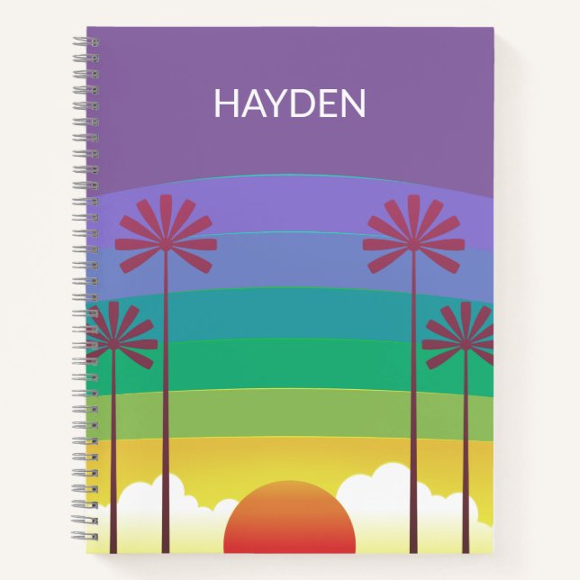 Retro Purple Sunset Palm Trees Art Personalised Notizbuch (Vorderseite)
