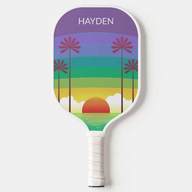 Retro Purple Sunset Palm Trees Art Personalised Pickleball Schläger (Vorderseite)