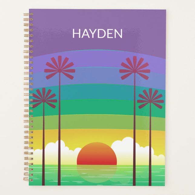 Retro Purple Sunset Palm Trees Art Personalised Planer (Vorderseite)