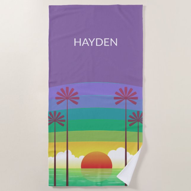 Retro Purple Sunset Palm Trees Art Personalised Strandtuch (Vorderseite)