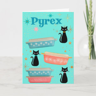 Retro-Pyrex und Vintage-Mid-Century-Schwarze Katze Karte
