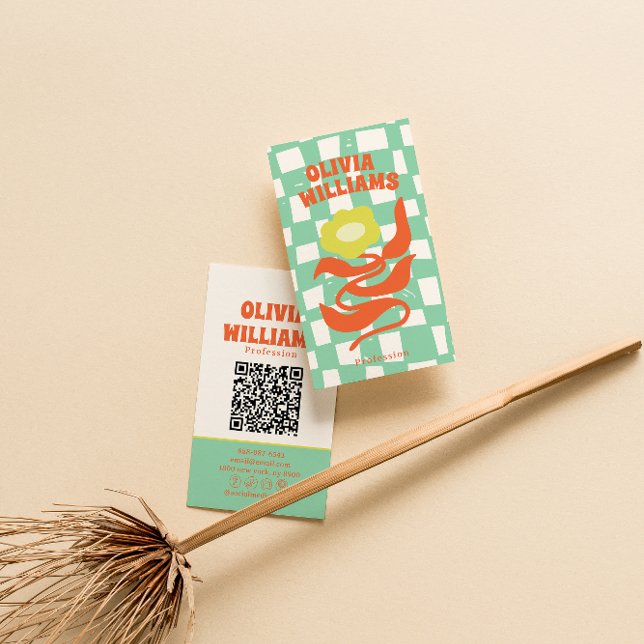Retro-QR-Code Boho Groovy Karo Floral Gänseblümche Visitenkarte (Von Creator hochgeladen)
