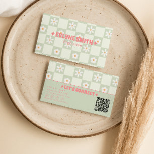 Retro QR-Code kariert groovy floral Boho trendy Visitenkarte