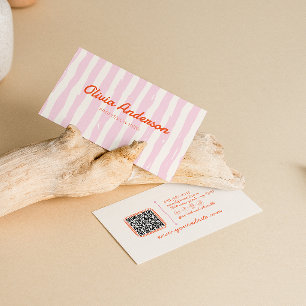 Retro QR Code Rosa Handgezeichnete Gestreifte Boho Visitenkarte