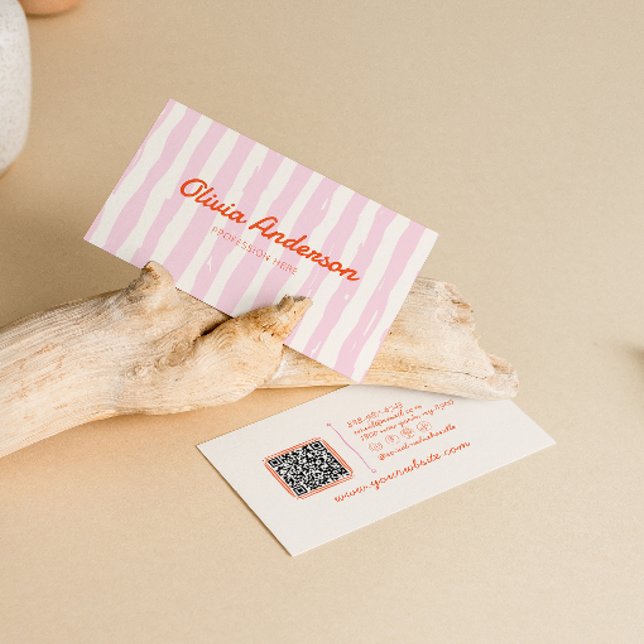 Retro QR Code Rosa Handgezogene Girly Boho Visitenkarte (Von Creator hochgeladen)