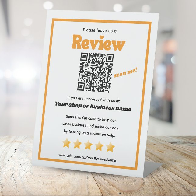 Retro QR Code 'verlass uns a review' YELP orange Sockelschild (Von Creator hochgeladen)
