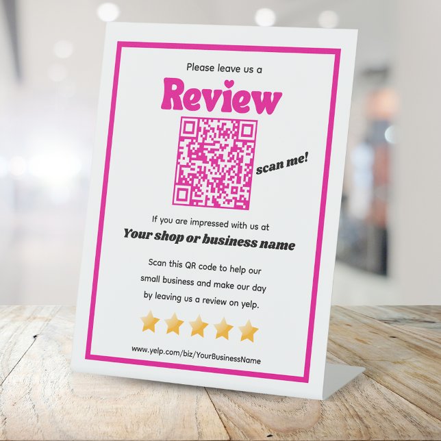 Retro QR Code 'verlass uns a review' YELP pink Sockelschild (Von Creator hochgeladen)