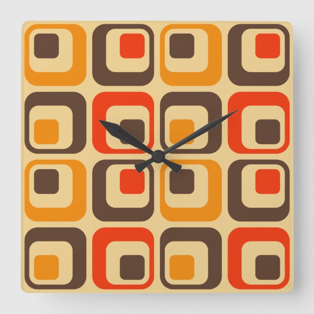 Retro Quadrat-Muster - Rot, Brown u. Orange Quadratische Wanduhr (Vorderseite)