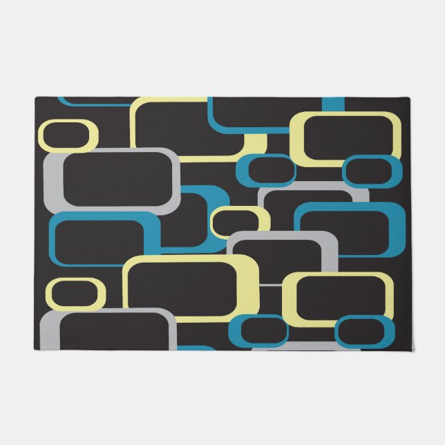 Retro-Quadrate Blau Gelb Grau Muster Fußmatte (Vorderseite)