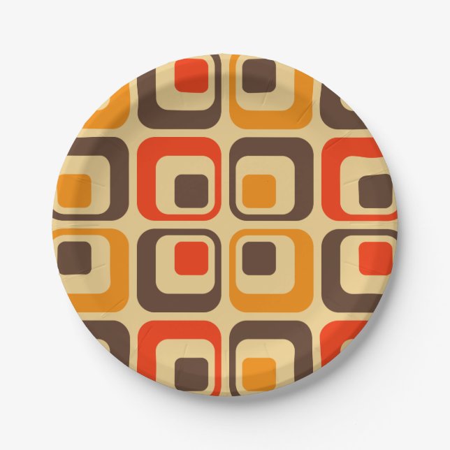 Retro-Quadrate-Muster - Rot, Braun & Orange Pappteller (Vorderseite)
