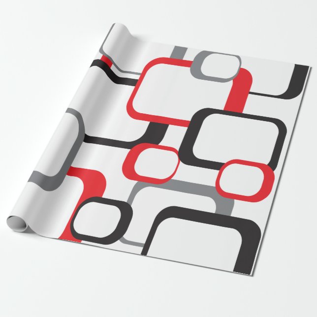 Retro-Quadrate Rot Schwarz Grau Weiß Muster Geschenkpapier (Ungerollt)